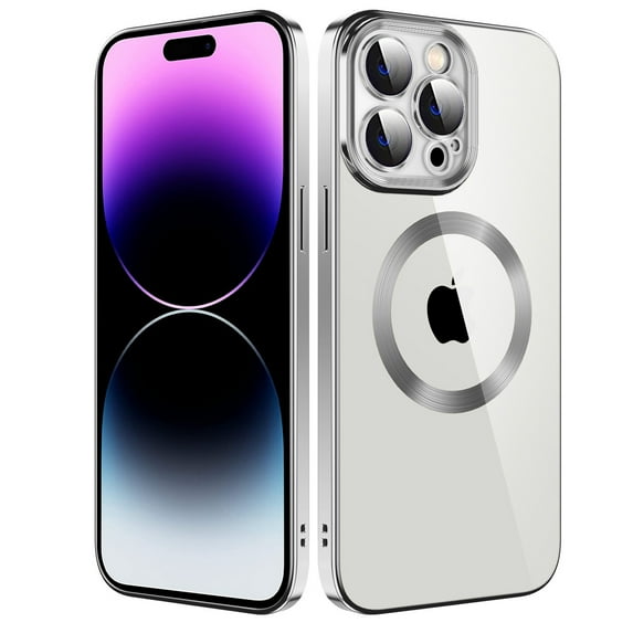 Dteck Clear Magnetic Case for iPhone 13 Pro Max,Shockproof Soft TPU Electro-plating Bumper Case Compatible with MagSafe Cover with Built-in Camera Lens Protector,Silver
