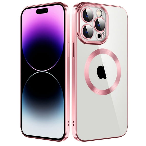 Dteck Clear Magnetic Case for iPhone 13 Pro Max,Shockproof Soft TPU Electro-plating Bumper Case Compatible with MagSafe Cover with Built-in Camera Lens Protector,Pink