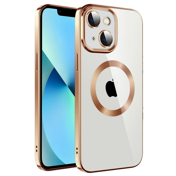 Dteck Clear Magnetic Case for iPhone 14 Plus,Shockproof Soft TPU Electro-plating Bumper Case Compatible with MagSafe Cover with Built-in Camera Lens Protector,Gold