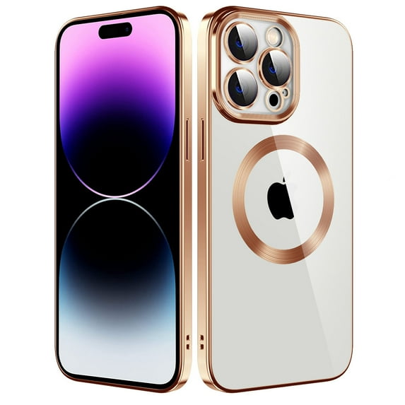 Dteck Clear Magnetic Case for iPhone 14 Pro Max,Shockproof Soft TPU Electro-plating Bumper Case Compatible with MagSafe Cover with Built-in Camera Lens Protector,Gold