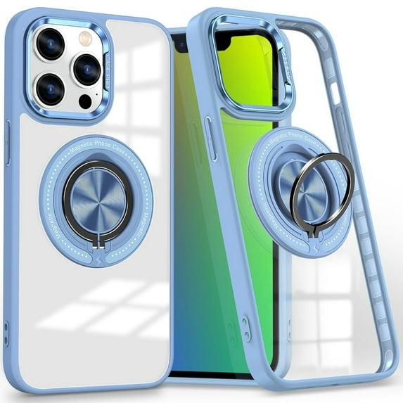 Dteck Clear Magnetic Case for iPhone 14 Pro,Shockproof TPU 360°Rotatable Ring Stand Case Compatible with MagSafe Transparent PC Back Cover for iPhone 14 Pro,Blue