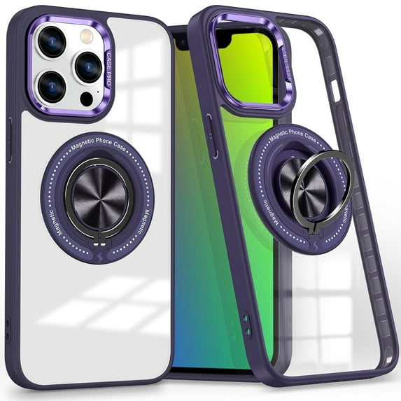 Dteck Clear Magnetic Case for iPhone 14 Pro,Shockproof TPU 360°Rotatable Ring Stand Case Compatible with MagSafe Transparent PC Back Cover for iPhone 14 Pro,Purple