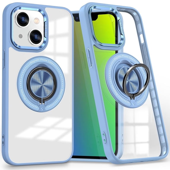 Dteck Clear Magnetic Case for iPhone 14,Shockproof TPU 360°Rotatable Ring Stand Case Compatible with MagSafe Transparent PC Back Cover for iPhone 14,Blue