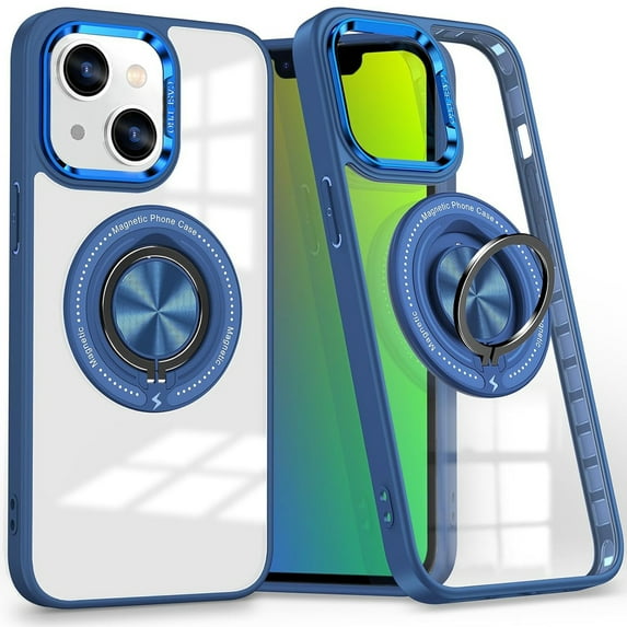 Dteck Clear Magnetic Case for iPhone 15 Plus,Shockproof TPU 360°Rotatable Ring Stand Case Compatible with MagSafe Transparent PC Back Cover for iPhone 15 Plus,Darkblue