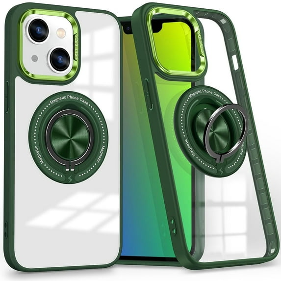 Dteck Clear Magnetic Case for iPhone 15 Plus,Shockproof TPU 360°Rotatable Ring Stand Case Compatible with MagSafe Transparent PC Back Cover for iPhone 15 Plus,Green