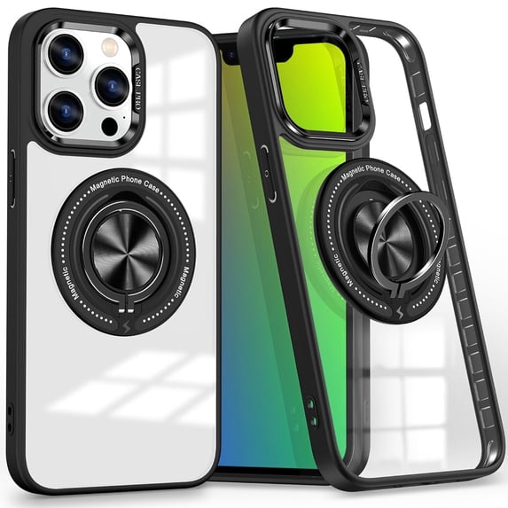 Dteck Clear Magnetic Case for iPhone 15 Pro,Shockproof TPU 360°Rotatable Ring Stand Case Compatible with MagSafe Transparent PC Back Cover for iPhone 15 Pro,Black