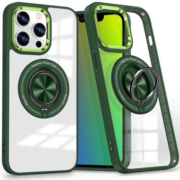 Dteck Clear Magnetic Case for iPhone 15 Pro,Shockproof TPU 360°Rotatable Ring Stand Case Compatible with MagSafe Transparent PC Back Cover for iPhone 15 Pro,Green