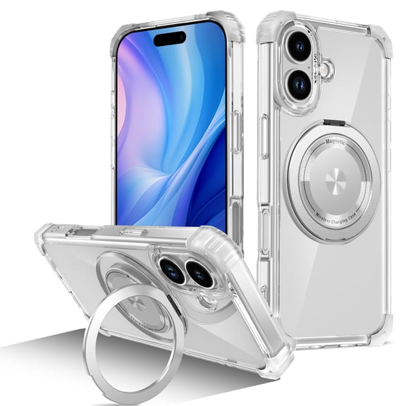 Dteck Clear Magnetic Case for iPhone 17,Shockproof TPU+PC Anti-Yellow Case Compatible with Mag Safe 360° Rotatable Invisible Ring Stand Shockproof Cover,Clear