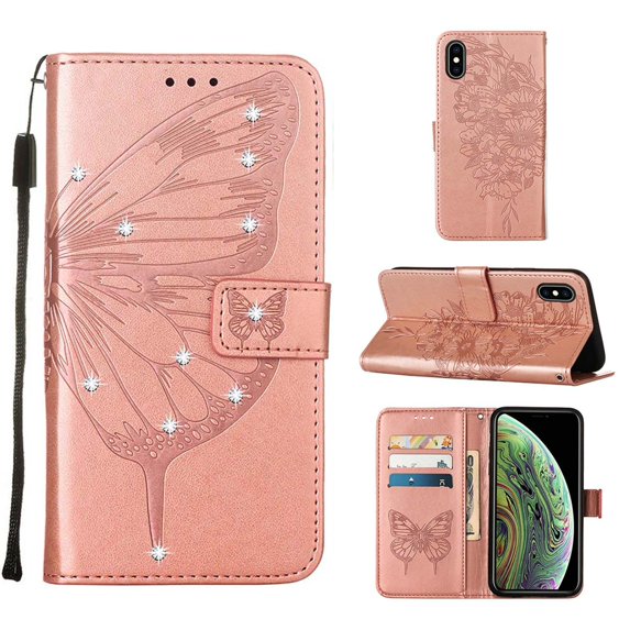 Dteck Compatible with Apple iPhone X,iPhone XS Bling Diamond Wallet Phone Case with Wrist Strap,Shockproof Embossed Pattern PU Leather Magnetic Flip Holder Card Slots Protective Case,Rosegold