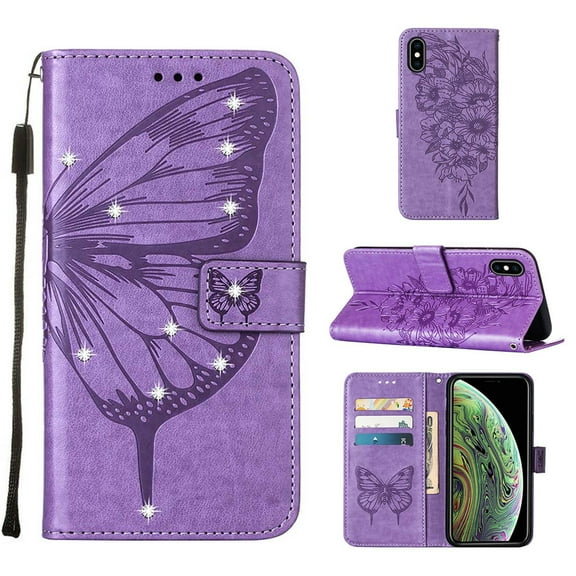Dteck Compatible with Apple iPhone X,iPhone XS Bling Diamond Wallet Phone Case with Wrist Strap,Shockproof Embossed Pattern PU Leather Magnetic Flip Holder Card Slots Protective Case,Lightpurple