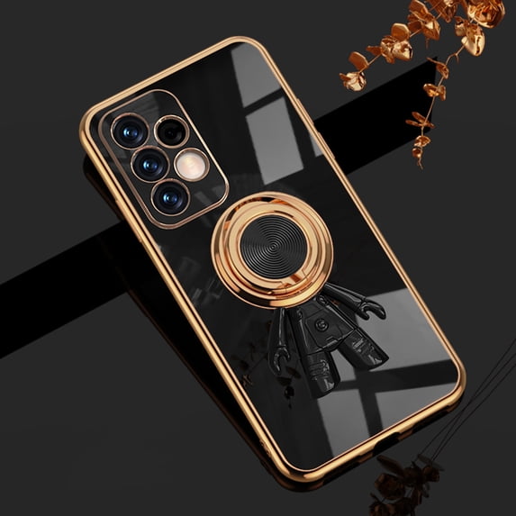 Dteck Compatible Case For Samsung Galaxy A72 5G,Cute 6D Cartoon Astronaut Hidden Finger Ring Kickstand Shockproof Ultra Slim Gold Plating Back Cover.For Samsung Galaxy A72 5G,Black