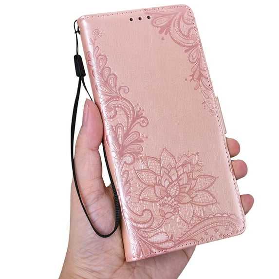 Dteck Compatible Case with Samsung Galaxy S22 Plus,Magnetic PU Pattern Embossed Flip Wallet Kickstand 360 Protection Cover with Wrist Strap.For Samsung Galaxy S22 Plus,Rosegold