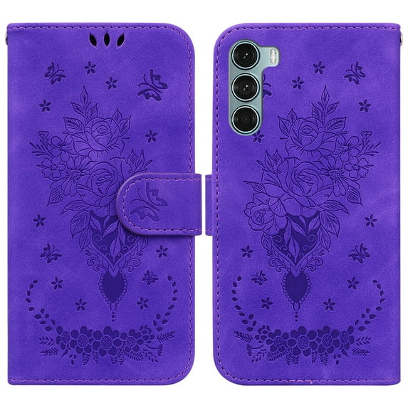 Dteck Compatible Flip Wallet Case for Motorola Moto G200 5G,Luxury Flower Embossed PU Leather Card Kickstand Protection Cover with Wirst Strap.For MOTO G200 5G,Purple