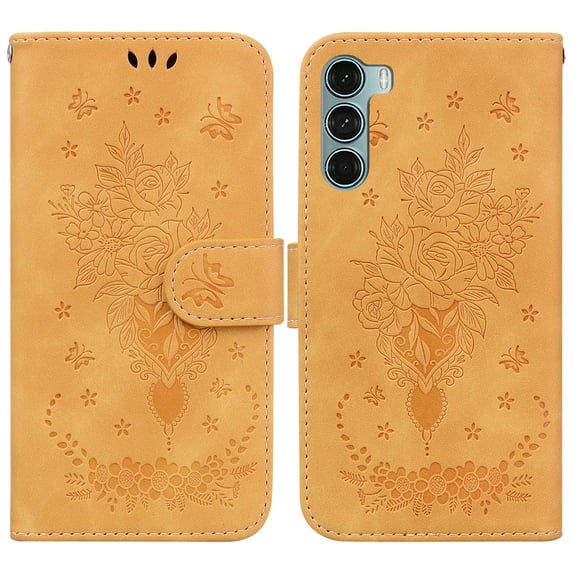 Dteck Compatible Flip Wallet Case for Motorola Moto G200 5G,Luxury Flower Embossed PU Leather Card Kickstand Protection Cover with Wirst Strap.For MOTO G200 5G,Yellow