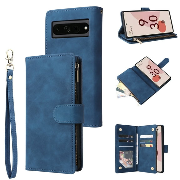 Dteck Compatible with Google Pixel 7 Pro Wallet Case,Premium PU Leather Zipper Flip Folio Wallet with Wrist Strap Magnetic Closure Built-in Kickstand Protective Cover,Blue