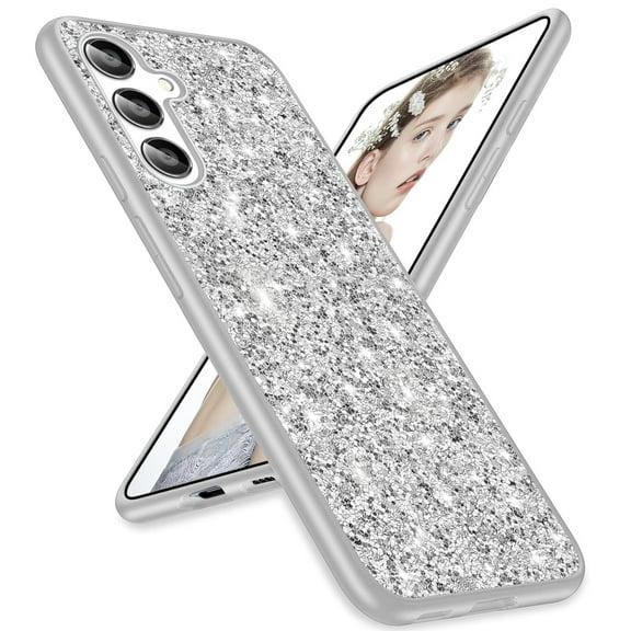 Dteck Compatible with Samsung Galaxy S24 FE Case,Shockproof Glitter Case Bling Sparkly Soft TPU and PC Silicone Shiny Girl Women Thin Protective Cover for Galaxy S24 FE,Silver