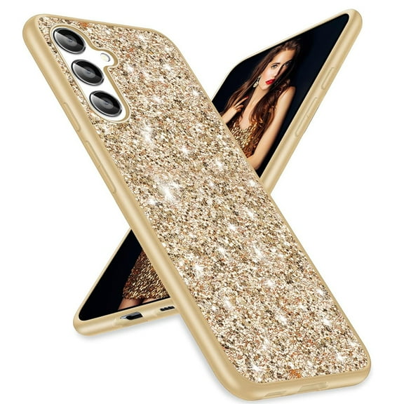 Dteck Compatible with Samsung Galaxy S24 FE Case,Shockproof Glitter Case Bling Sparkly Soft TPU and PC Silicone Shiny Girl Women Thin Protective Cover for Galaxy S24 FE,Gold