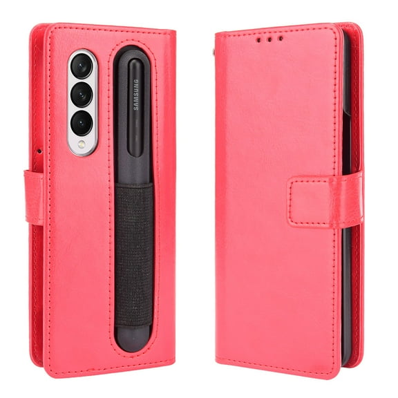 Dteck Compatible with Samsung Galaxy Z Fold 4 Case,Luxury 360 Full Protection Shockproof PU Leather Card Wallet with Pen Holder and Strap Folding Shell Cover.For Samsung Galaxy Z Fold 4,Red