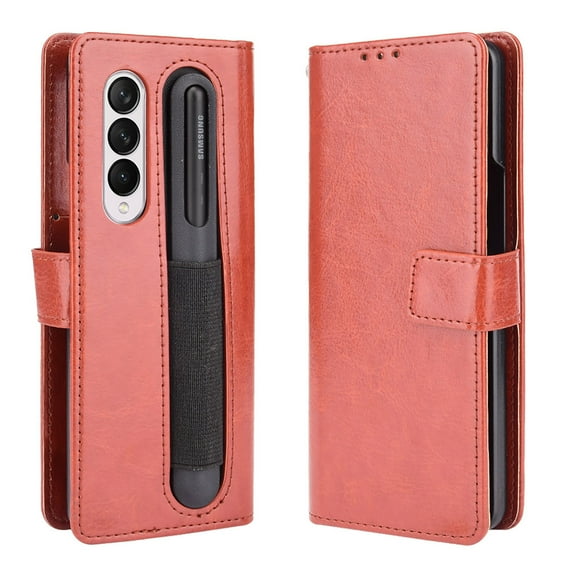 Dteck Compatible with Samsung Galaxy Z Fold 4 Case,Luxury 360 Full Protection Shockproof PU Leather Card Wallet with Pen Holder and Strap Folding Shell Cover.For Samsung Galaxy Z Fold 4,Brown