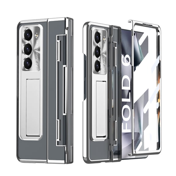 Dteck Compatible for Samsung Galaxy Z Fold 6 Case with Flat Hinge Protection, Built-in Front Screen Protector Full Body Case for Samsung Z Fold 6 Case, Metal Camera Protector & Kickstand,Silver