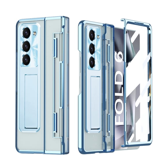 Dteck Compatible for Samsung Galaxy Z Fold 6 Case with Flat Hinge Protection, Built-in Front Screen Protector Full Body Case for Samsung Z Fold 6 Case, Metal Camera Protector & Kickstand,Blue