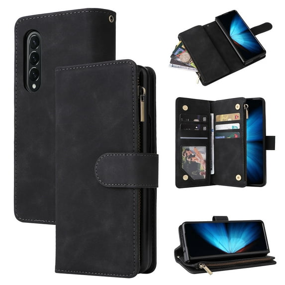 Dteck Compatible with Samsung Galaxy Z Fold4 Wallet Case,Premium PU Leather Zipper Flip Folio Wallet Magnetic Closure Built-in Kickstand Protective Cover,Black
