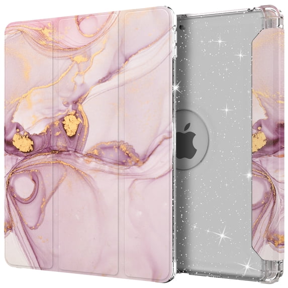 Dteck Compatible with iPad 8th Generation / iPad 7th Generation Case, iPad 10.2 Inch Cases with Pencil Holder, Flip Smart Case Trifold Stand Glitter Clear Back Cover,11 Pink Marble