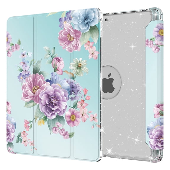 Dteck Compatible with iPad 8th Generation / iPad 7th Generation Case, iPad 10.2 Inch Cases with Pencil Holder, Flip Smart Case Trifold Stand Glitter Clear Back Cover,07 Flower