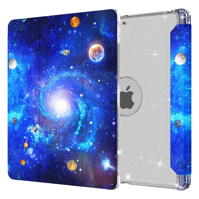 Dteck Compatible with iPad 8th Generation / iPad 7th Generation Case, iPad 10.2 Inch Cases with Pencil Holder, Flip Smart Case Trifold Stand Glitter Clear Back Cover,01 Universe