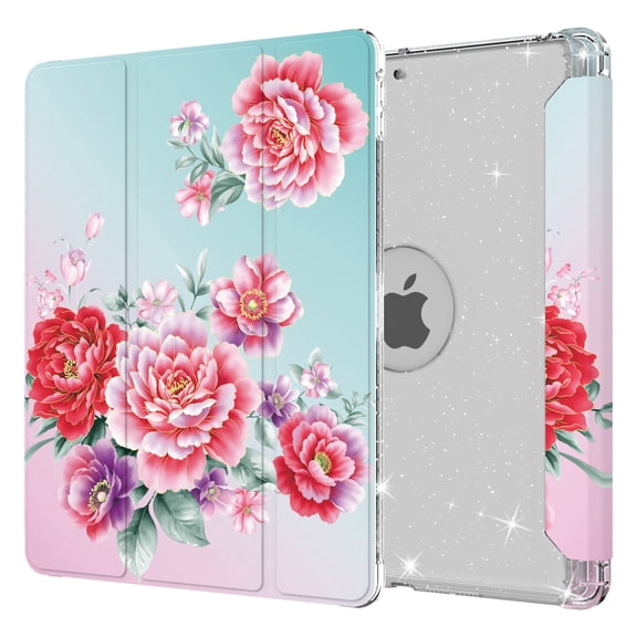 Dteck Compatible with iPad 8th Generation / iPad 7th Generation Case, iPad 10.2 Inch Cases with Pencil Holder, Flip Smart Case Trifold Stand Glitter Clear Back Cover,10 Red Flower