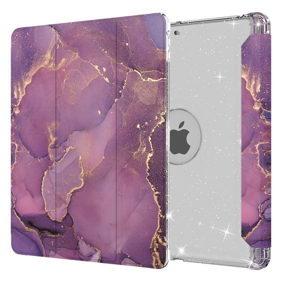 Dteck Compatible with iPad 8th Generation / iPad 7th Generation Case, iPad 10.2 Inch Cases with Pencil Holder, Flip Smart Case Trifold Stand Glitter Clear Back Cover,03 Purple Marble