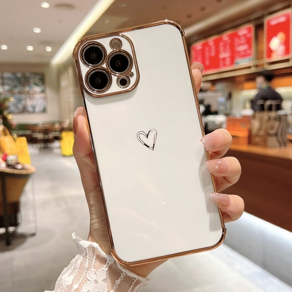 Dteck Compatible with iPhone 13 Pro Case, Luxury Plating Love Heart Phone Case, Cute Side Small Love Pattern Soft TPU Shockproof Full Camera Lens Protective Case for iPhone 13 Pro,White