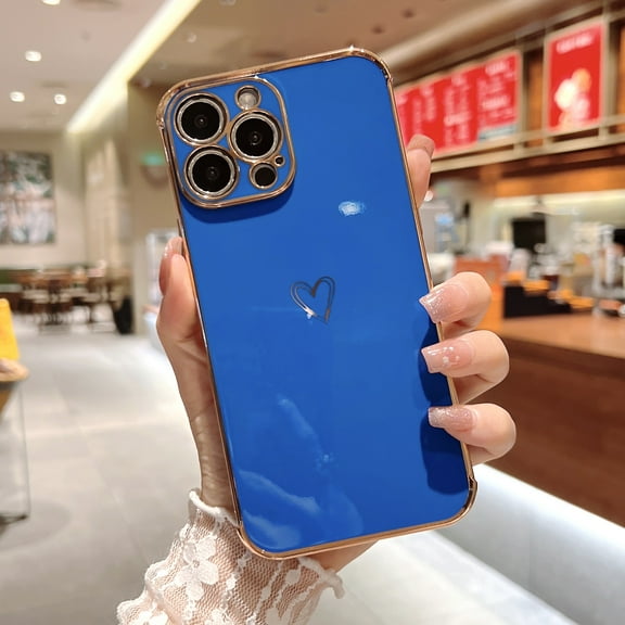 Dteck Compatible with iPhone 13 Pro Case, Luxury Plating Love Heart Phone Case, Cute Side Small Love Pattern Soft TPU Shockproof Full Camera Lens Protective Case for iPhone 13 Pro,Darkblue
