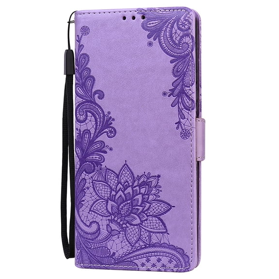 Dteck Compatible with iPhone 13 Pro Max Luxury Flip Wallet Case,PU Pattern Embossed Shockproof Magnetic Kickstand Card Slots Cover with Wrist Strap.For iPhone 13 Pro Max,Purple