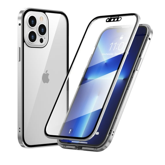 Dteck Compatible with iPhone 13 Pro Max Magnetic Case, Double Sided Clear HD Tempered Glass Screen Protector Magnet Metal Bumper Magnetic Absorption Phone Case for iPhone 13 Pro Max,Silver