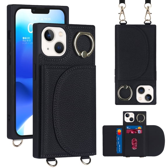 Dteck Compatible with iPhone 14 Pro Max Wallet Case Crossbody Leather with Card Holder, Shockproof Purse Kickstand Removable Shoulder Strap Case Protective Back Cover with Rotate Ring Stand, Black