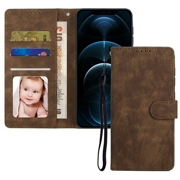 Dteck Compatible with iPhone 14 Pro Max Wallet Case, with Wrist Strap Kickstand Card Holder Magnetic Buckle Protective Flip Full for iPhone 14 Pro Max Synthetic Leather Cover, Brown