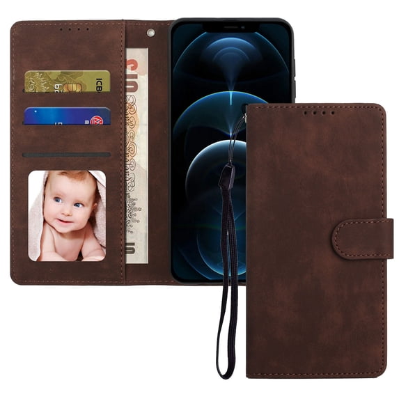 Dteck Compatible with iPhone 14 Pro Max Wallet Case, with Wrist Strap Kickstand Card Holder Magnetic Buckle Protective Flip Full for iPhone 14 Pro Max Synthetic Leather Cover, Coffee