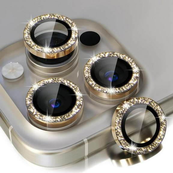 Dteck Compatible for iPhone 14 Pro Max/iPhone 14 Pro Camera Lens Protector,Bling Glitter 9H Tempered Glass Camera Cover Screen Protector Metal Ring HD Clear Case Friendly,Gold
