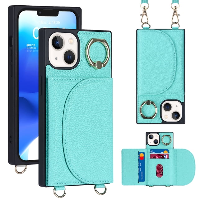 Dteck Compatible with iPhone 14 Wallet Case Crossbody Leather with Card Holder, Shockproof Purse Kickstand Removable Shoulder Strap Case Protective Back Cover with Rotate Ring Stand, Green