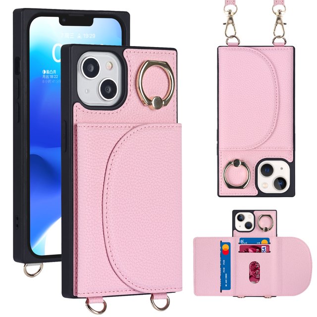 Dteck Compatible with iPhone 14 Wallet Case Crossbody Leather with Card Holder, Shockproof Purse Kickstand Removable Shoulder Strap Case Protective Back Cover with Rotate Ring Stand, Pink