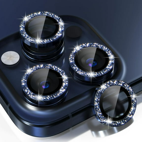 Dteck Compatible for iPhone 15 Camera Lens Protector,Bling Glitter 9H Tempered Glass Camera Cover Screen Protector Metal Ring HD Clear Case Friendly,Blue