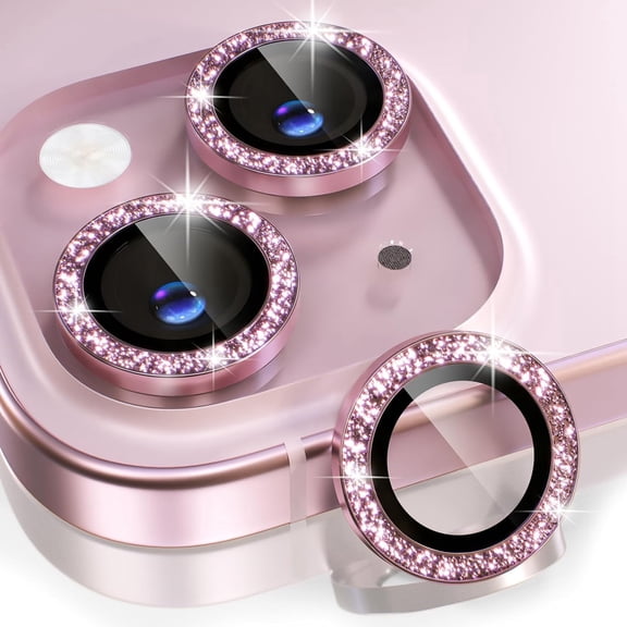 Dteck Compatible for iPhone 15 Pro Max Camera Lens Protector,Bling Glitter 9H Tempered Glass Camera Cover Screen Protector Metal Ring HD Clear Case Friendly,Rosegold