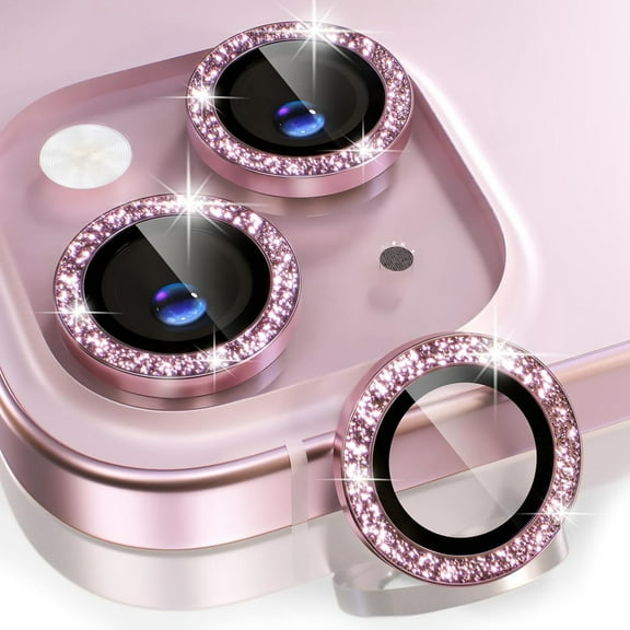 Dteck Compatible for iPhone 16 Camera Lens Protector,Bling Glitter 9H Tempered Glass Camera Cover Screen Protector Metal Ring HD Clear Case Friendly,Rosegold