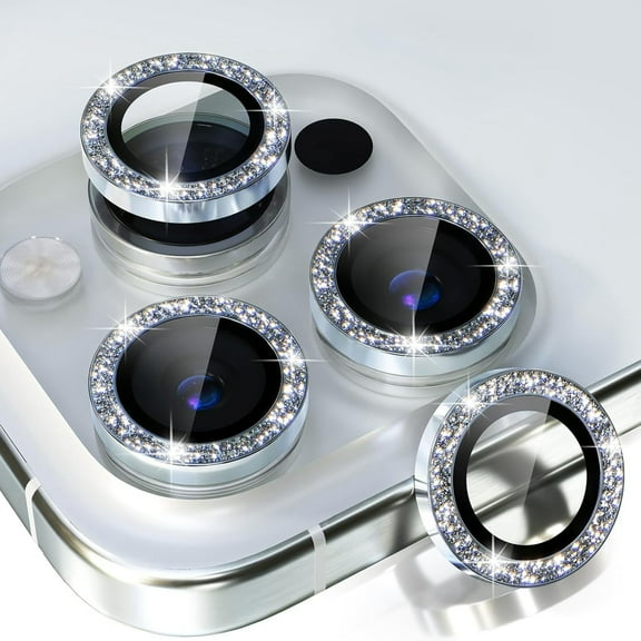 Dteck Compatible for iPhone 16 Pro Camera Lens Protector,Bling Glitter 9H Tempered Glass Camera Cover Screen Protector Metal Ring HD Clear Case Friendly,Silver