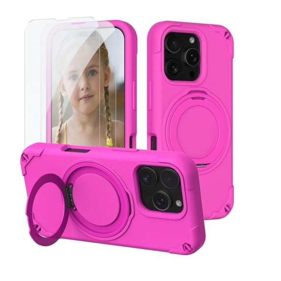 Dteck Compatible with iPhone 16 Pro Max Case with Screen Protector, Rugged Magnetic Case with Ring Stand Compatible with MagSafe, Heavy-Duty Military Grade Shockproof Phone Kids Cover 6.9 inch,Rose