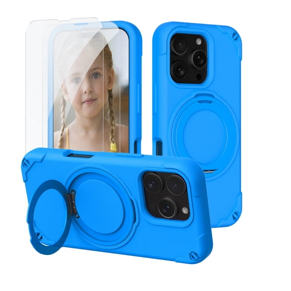 Dteck Compatible with iPhone 16 Pro Max Case with Screen Protector, Rugged Magnetic Case with Ring Stand Compatible with MagSafe, Heavy-Duty Military Grade Shockproof Phone Kids Cover 6.9 inch,Blue