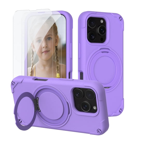 Dteck Compatible with iPhone 16 Pro Max Case with Screen Protector, Rugged Magnetic Case with Ring Stand Compatible with MagSafe, Heavy-Duty Military Grade Shockproof Phone Kids Cover 6.9 inch,Purple