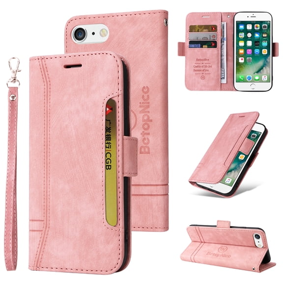 Dteck Compatible with iPhone 8 Plus/7 Plus 5.5 Inch Wallet Phone Case with Wrist Strap,Premium PU Leather Magnetic Clasp ID Credit Card Holder Slots Flip Stand Protective Phone Cover,Pink