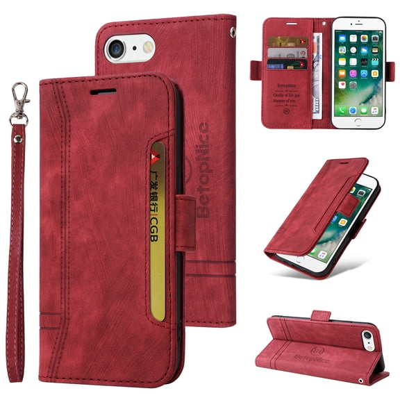 Dteck Compatible with iPhone 8 Plus/7 Plus 5.5 Inch Wallet Phone Case with Wrist Strap,Premium PU Leather Magnetic Clasp ID Credit Card Holder Slots Flip Stand Protective Phone Cover,Red